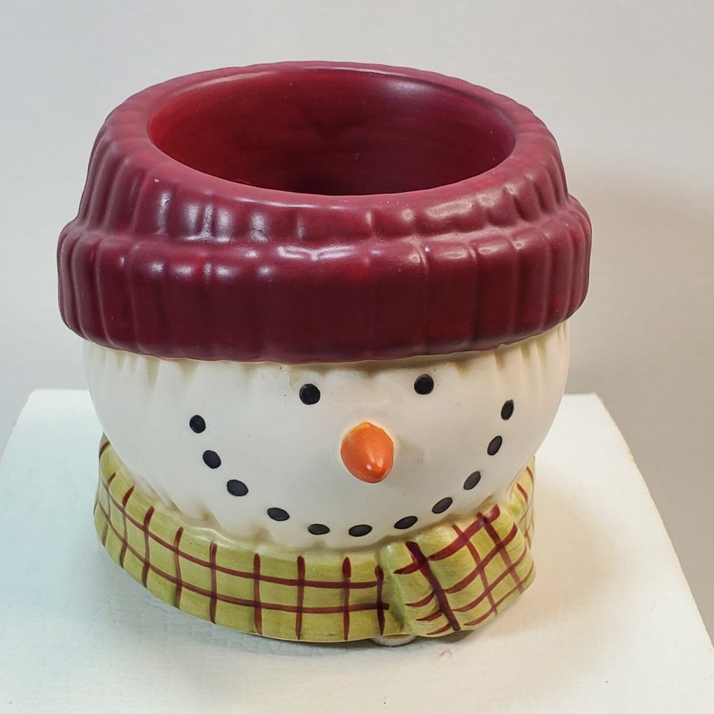 Yankee Candle Snowman Head Tealight Holder Burgundy Hat Plaid Scarf